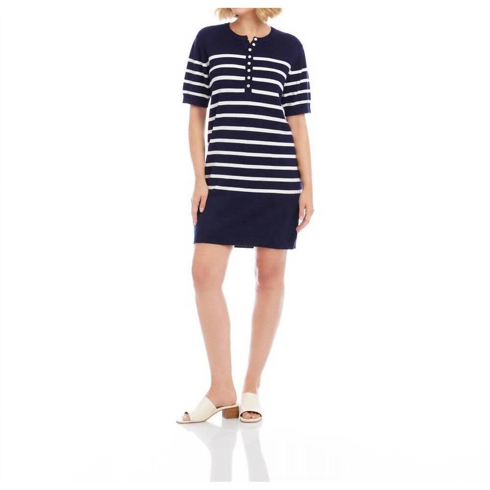 NEW KAREN KANE short sleeve henley sweater dress in navy with off white